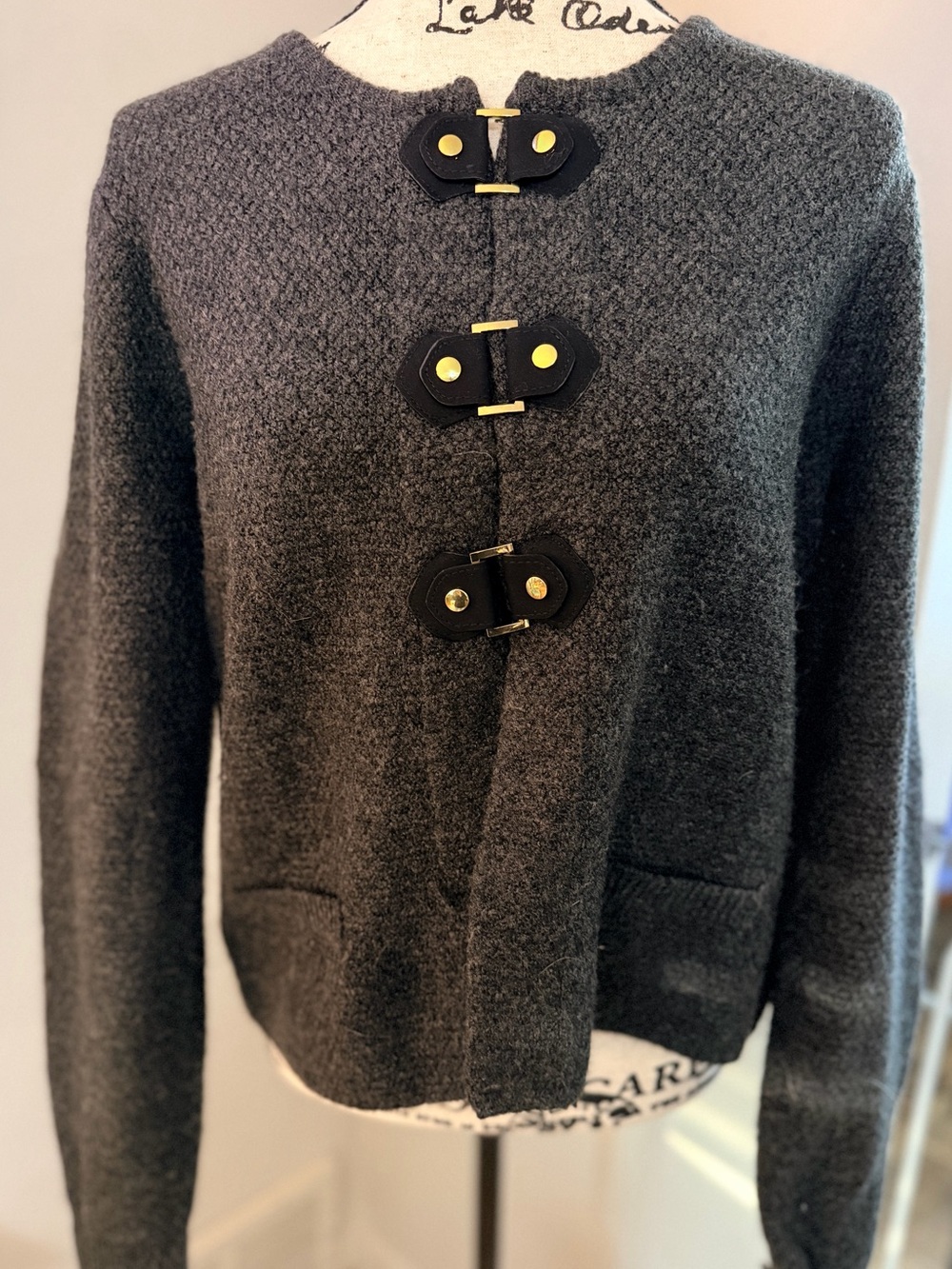 Cynthia Rowley Gray Buckle Toggle Cardigan Sweater Size S Moto Grunge